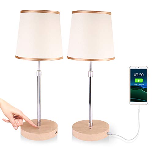 JOWHOL Juego de 2 lámparas de mesita de noche táctiles, lámparas de mesa LED regulables, lámpara de mesa con USB, para dormitorio, salón