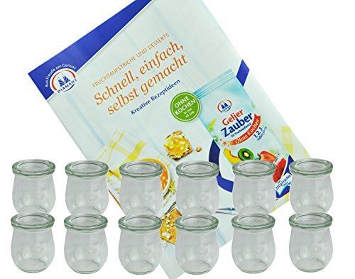 Juego de 12 tarros de vidrio de la casa Weck, con tapa de vidrio 220, resistente al horno, forma de tulipán, tarros de conservas para mermeladas o postres, incluye folleto de recetas de Diamant-Zucker Juego de 12 tarros de vidrio de la casa Weck, con tapa de vidrio 220, resistente al horno, forma de tulipán, tarros de conservas para mermeladas o postres, incluye folleto de recetas de Diamant-Zucker