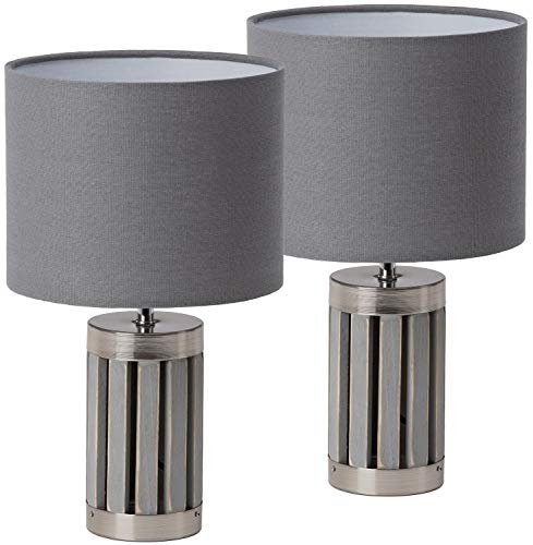 Juego de 2 lámparas de mesa o de noche BRUBAKER - altura 33 cm - base de madera/gris metal - color gris textil