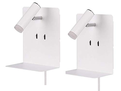 Juego de 2 lámparas LED de pared en blanco mate con luz de lectura giratoria, puerto de carga USB y estante, ideal junto a la cama