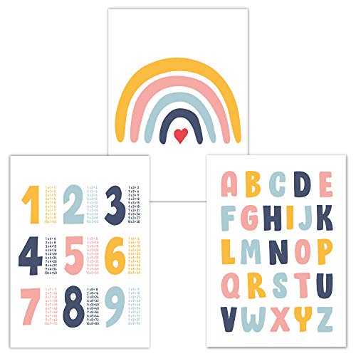 Juego de 3 pósteres para habitación infantil, póster ABC, póster 1 x 1 y póster arcoíris DIN A 4, decoración para habitaciones de bebé, niños y niñas (juego de colores) Juego de 3 pósteres para habitación infantil, póster ABC, póster 1 x 1 y póster arcoíris DIN A 4, decoración para habitaciones de bebé, niños y niñas (juego de colores)