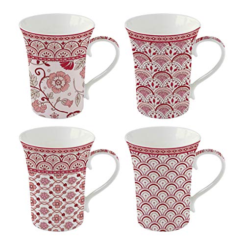 Juego de 4 tazas de porcelana, diseño de Monsoon, color rojo