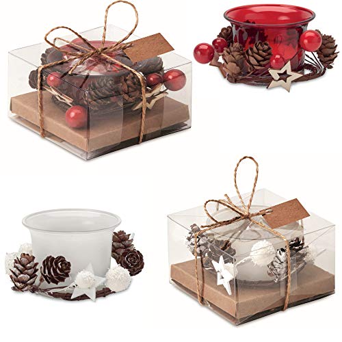 Juego de 4 velas navideñas con 2 velas rojas con decoración y 2 velas blancas en tarro de cristal en caja de regalo.