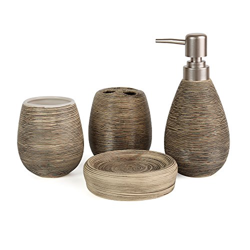 Juego de accesorios de baño de Asien, 4 piezas modernas: dispensador de jabón de cerámica, vaso, soporte para el cepillo de dientes y jabonera, cerámica, negro, Milieu