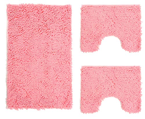 Juego de alfombrillas de baño de 3 piezas de microfibra, alfombra de pelo largo 50 x 80 cm, 2 alfombrillas para inodoro y agua, forma rectangular 40 x 50 cm, suave, antideslizante, rosa