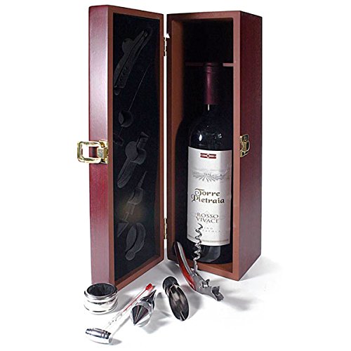 Juego de cajas de vino de sumiller para regalo de vino, caja de madera para una botella de vino con accesorios; set de regalo de vino con accesorios para amantes del vino; caja de madera de caoba de 6 piezas