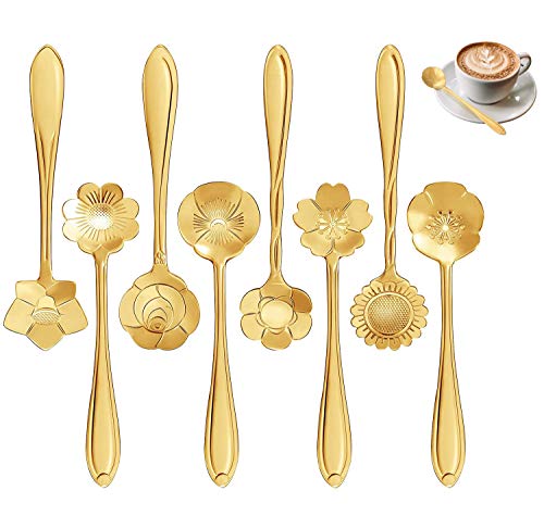 Juego de cucharas de flores de 8 formas, cucharadita de acero inoxidable, cuchara de café, vajilla creativa, cuchara mixta de 12,5 cm, cuchara de azúcar, cuchara de helado (dorado) Juego de cucharas de flores de 8 formas, cucharadita de acero inoxidable, cuchara de café, vajilla creativa, cuchara mixta de 12,5 cm, cuchara de azúcar, cuchara de helado (dorado)