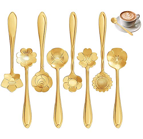 Juego de cucharas de flores de 8 formas, cucharadita de acero inoxidable, cuchara de café, vajilla creativa, cuchara mixta de 12,5 cm, cuchara de azúcar, cuchara de helado (dorado)