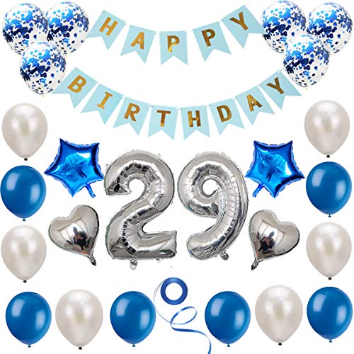 Juego de decoración de 29 cumpleaños azul plateado, decoración de cumpleaños, decoración de fiesta de cumpleaños, pancarta de feliz cumpleaños, decoración de globos de números plateados de 29 años