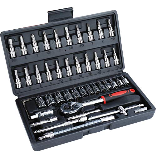 Juego de Llaves de Vaso 46 Piezas Kit de Herramientas Mecánicas Vasos para Llave de Carraca 1/4" de Acero Al Cromo Vanadio para Bricolaje, Reparación de Automóviles o Trabajos Mecánicos Juego de Llaves de Vaso 46 Piezas Kit de Herramientas Mecánicas Vasos para Llave de Carraca 1/4" de Acero Al Cromo Vanadio para Bricolaje, Reparación de Automóviles o Trabajos Mecánicos