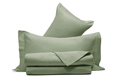 Juego de sábanas de raso de puro algodón, fabricado en Italia, para cama de matrimonio, color verde oliva.