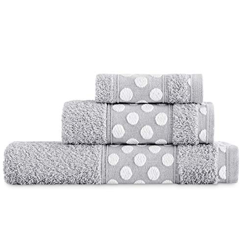 Juego de Toallas de Baño 3 Piezas Lisas. Calidad Rizo Algodon Egipcio 450 gr. Tamaños de Toallas de baño Tocador Lavabo y Ducha Sabana. Toallas baño Grandes. Cenefa Dibujo Lunares. Color Gris Claro Juego de Toallas de Baño 3 Piezas Lisas. Calidad Rizo Algodon Egipcio 450 gr. Tamaños de Toallas de baño Tocador Lavabo y Ducha Sabana. Toallas baño Grandes. Cenefa Dibujo Lunares. Color Gris Claro