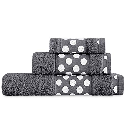Juego de Toallas de Baño 3 Piezas Lisas. Calidad Rizo Algodon Egipcio 450 gr. Tamaños de Toallas de baño Tocador Lavabo y Ducha Sabana. Toallas baño Grandes. Cenefa Dibujo Lunares. Color Gris Oscuro Juego de Toallas de Baño 3 Piezas Lisas. Calidad Rizo Algodon Egipcio 450 gr. Tamaños de Toallas de baño Tocador Lavabo y Ducha Sabana. Toallas baño Grandes. Cenefa Dibujo Lunares. Color Gris Oscuro