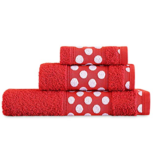 Juego de Toallas de Baño 3 Piezas Lisas. Calidad Rizo Algodon Egipcio 450 gr. Tamaños de Toallas de baño Tocador Lavabo y Ducha Sabana. Toallas baño Grandes. Cenefa Dibujo Lunares. Color Rojo Juego de Toallas de Baño 3 Piezas Lisas. Calidad Rizo Algodon Egipcio 450 gr. Tamaños de Toallas de baño Tocador Lavabo y Ducha Sabana. Toallas baño Grandes. Cenefa Dibujo Lunares. Color Rojo
