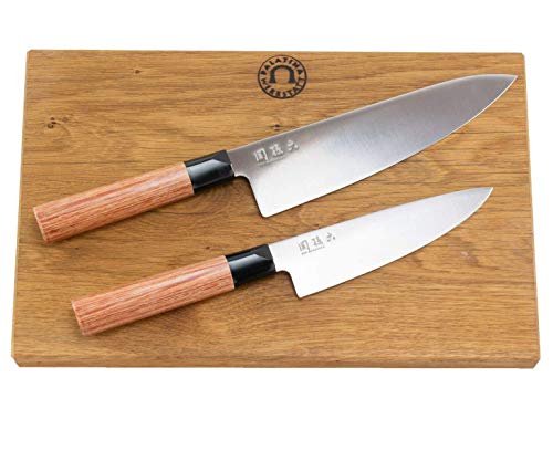 Kai Shun Seki Magoroku Redwood - Juego de cuchillos de cocina grandes y pequeños + tabla de cortar grande de roble maciza de 34 x 21 cm