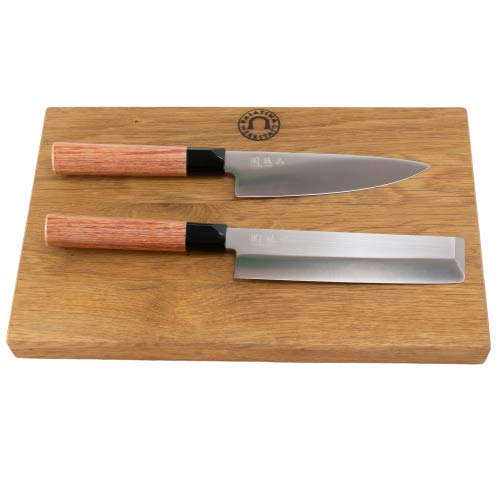 Kai Shun Seki Magoroku Redwood - Juego de cuchillos japoneses (2 cuchillos afilados y tabla de cortar grande de roble, 35 x 21 cm)