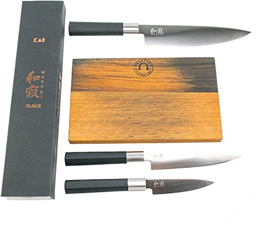Kai Wasabi Black - Juego de cuchillos de cocina (20 cm, cuchillo de oficina de 10 cm, cuchillo multiusos de 15 cm, incluye tabla de cortar de madera maciza)