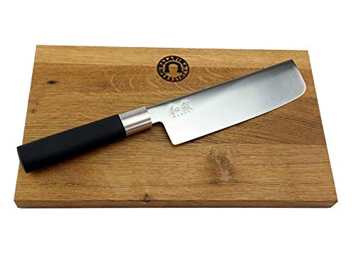 Kai Wasabi Black Set de regalo | Cuchillo japonés Nakiri ultra afilado | + tabla de cortar maciza de madera de barril antigua de 25 x 15 cm