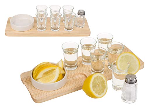 Kamaca Tequila - Juego de vasos de cristal para regalo (9 piezas, tabla de madera con 6 vasos, salero, cuenco de gres, ideal como regalo de cumpleaños y fiesta (juego de servicio equila)