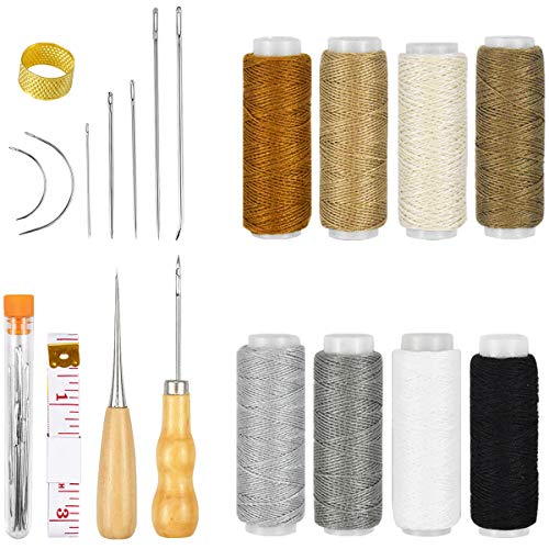 Kit de Artesanía Cuero, 16 Piezas Agujas de Costura, 8 Piezas Hilo para Coser Cuero a Mano, 2 Piezas Punzón Costura, 1 Piezas Dedal de Costura y 1 Piezas Cinta Métrica Costura