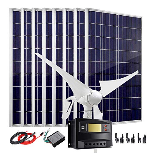 Kit generador de turbina de viento de panel solar de 1200 W para barco: turbina de viento de 400 W 24 V + 8 paneles solares policristalinos de 100 W + controlador de carga de 40 A y accesorios