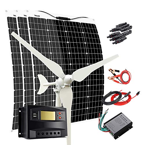 Kit solar de viento de 460 W, sistema de rejilla de 100 W, generador de turbina de viento + 3 unidades de panel solar flexible mono de 120 W + controlador de viento + regulador de carga solar + cables