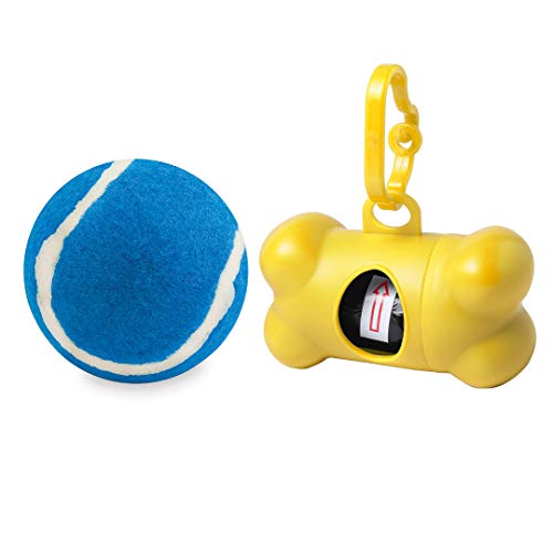 Kit Walk Dog - con Pelota para Perros - Juguete para Mascotas + Dispensador en Forma de Hueso de Bolsitas Coletoras de Excremento - Porta Bolsas de Desechos Heces Caca + 15 Bolsas (Azul y Amarillo)