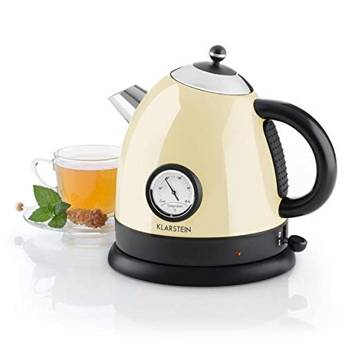 KLARSTEIN Aquavita Hervidor de agua - Inalámbrico, Tetera eléctrica, Tetera diseño retro, 1,5 L, 2200 W, Termómetro vintage, Asa Cool Touch, Base con recogecable, Crema KLARSTEIN Aquavita Hervidor de agua - Inalámbrico, Tetera eléctrica, Tetera diseño retro, 1,5 L, 2200 W, Termómetro vintage, Asa Cool Touch, Base con recogecable, Crema