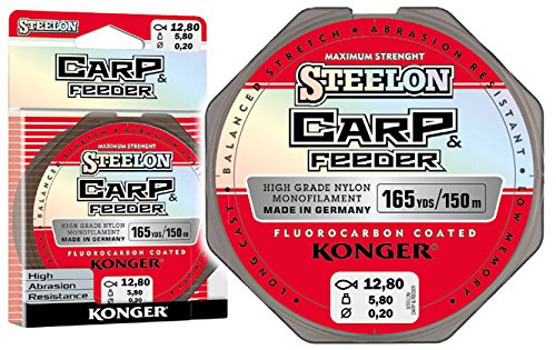 Konger Steelon Carp&Feeder - Sedal de pesca con revestimiento de fluorocarbono, 150 m, 0,20-0,40 mm, monofilamento superfuerte, 0,28 mm/10,30 kg
