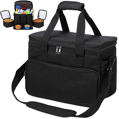 KOPEKS Bolsa de Viaje para Perros, Gatos, Mascotas, Bolso Térmico con Compartimientos, Comedero y Bebedero Plegables - Kit de Viaje - Negro