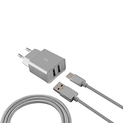 Ksix Metal - Cargador de Red con Cable USB (2 Salidas USB, 2.4A) Color Plata