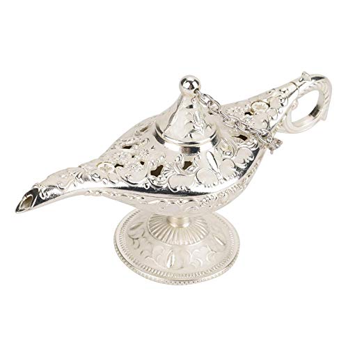 Lámpara de leyenda hueca tallada de metal vintage clásico Aladdin hueco Genio mágico Decoración de olla de luz, lámpara de disfraz Decoración de mesa para el hogar y regalo(Borde plateado blanco)