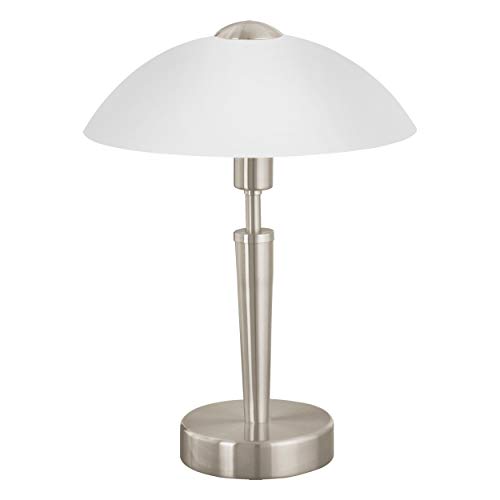 Lámpara de mesa EGLO solo 1, lámpara de mesa con 1 bombilla, material: acero, color: níquel mate, vidrio: blanco satinado, casquillo: E14, incl. Regulador táctil