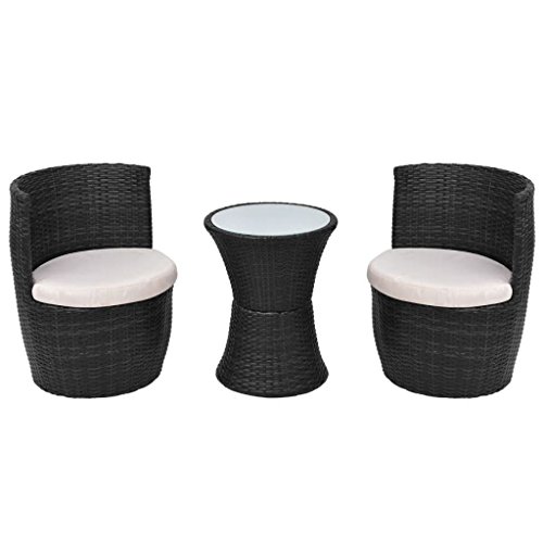 Lasamot Práctico Juego de Mesa y Silla de Mimbre para Exterior, Mesa y Silla de Resina Tejida en Blanco y Negro Kit-Mesa * 1 Silla * 2 con Cojines de 2 Asientos