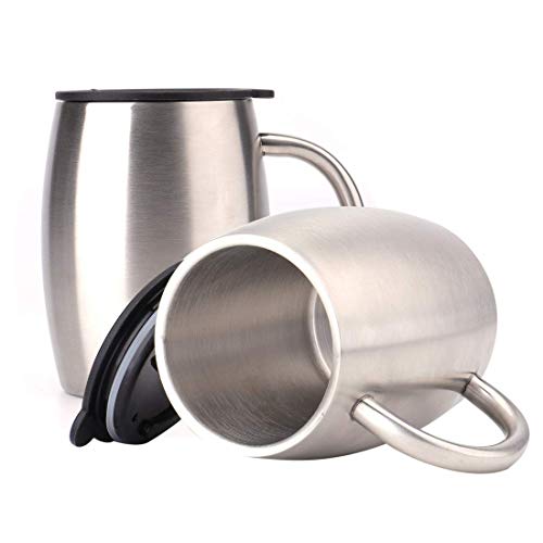 Lawei - Juego de 2 tazas de café de acero inoxidable con doble pared aislada con tapas, irrompible, sin BPA, con asa para bebidas frías y calientes, 400 ml