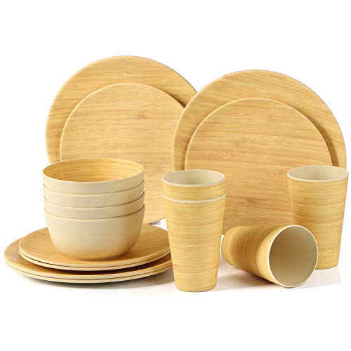 LEKOCH Juego de vajilla de bambú Biodegradable y Respetuoso con el Medio Ambiente para 4 Platos, 4 Platos de Ensalada, 4 Cuencos de Sopa y 4 Vasos de Bebida, Juego de 4 (Bambú)