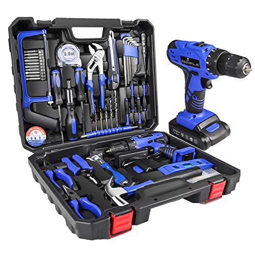 Letton Maletín de herramientas con taladro eléctrico, batería de 21 V, para 108 accesorios, kit de herramientas de reparación para el hogar, azul