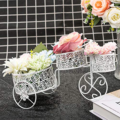 LONGBLE Soporte decorativo para plantas en forma de triciclo con 3 cestas de hierro forjado, soporte para flores, bicicleta, jarrón, decoración para boda, salón, jardín, balcón, color blanco