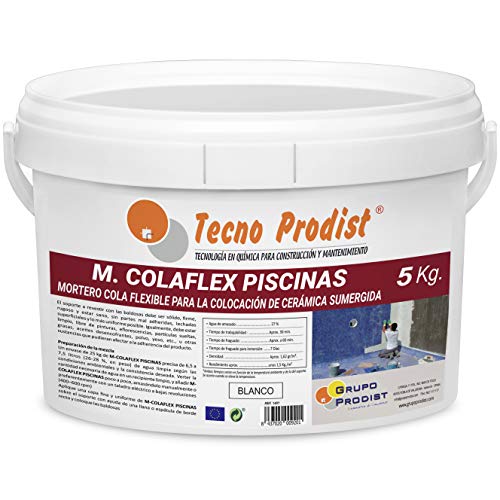 M-COLAFLEX PISCINAS de Tecno Prodist (5 Kg) Adhesivo cementoso mejorado flexible ideal para la colocación de baldosas en contacto permanente con agua como piscinas, depósitos agua, etc (Blanco)