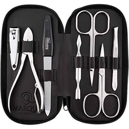 marQus set manicura de 7 piezas de Solingen Alemania - Set de manicura y pedicura en estuche de piel, 2 tijeras, cortaúñas, lima, retira-cutícula, alicate y pinza - kit de cuidado de uñas