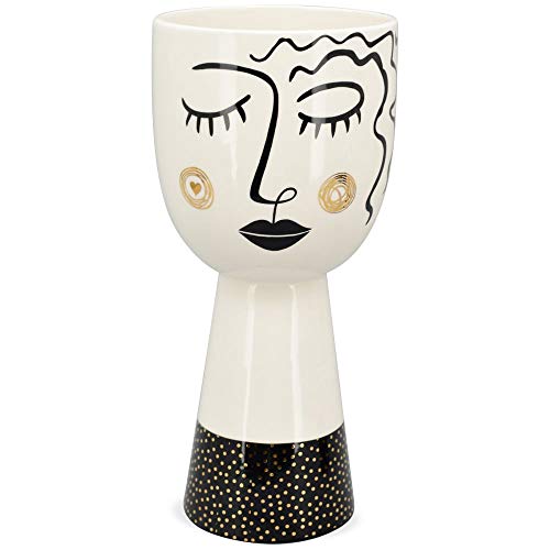 Matches21 - Jarrón decorativo de cerámica con forma de cabeza y cara durmiendo, pelo largo blanco y negro, base de lunares, 38,5 cm