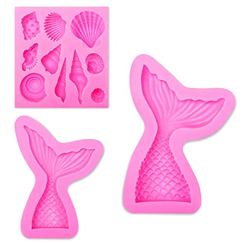mciskin - Juego de 3 moldes de silicona para fondant con diseño de conchas y cola de sirena, para decorar pasteles, chocolate, dulces, hornear, etc.