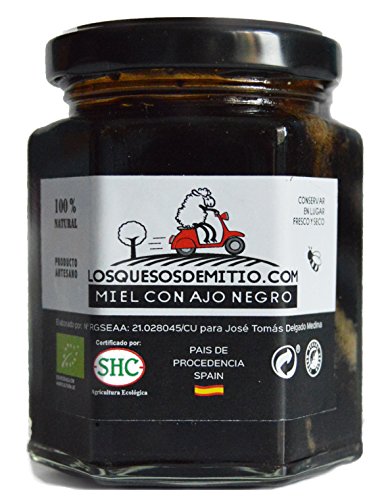 Miel con Ajo Negro Ecológico (natural, sabor muy original, sin conservantes ni colorantes, deliciosa, artesana, un bote, hecha en España, 240g), de Losquesosdemitio