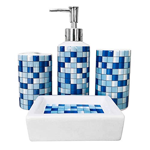 MUZI Juego de 4 accesorios de baño de cerámica con diseño moderno, dispensador de jabón, soporte para cepillo de dientes, vaso, jabonera (mosaico azul)