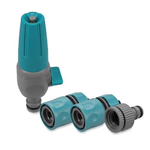 Navaris Juego de boquillas y conectores para manguera - Set de 4 piezas de accesorios para jardinería limpieza - Incluye válvula reguladora de agua
