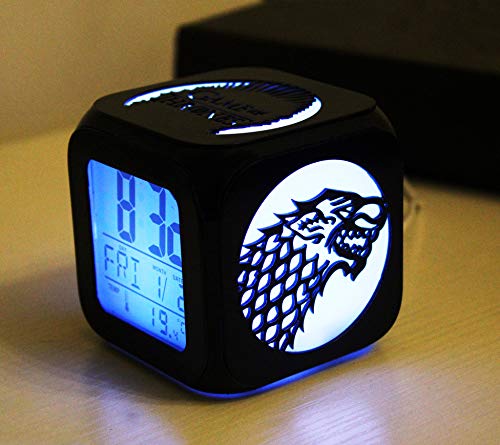 N/J Regalos divertidos para los niños Juego de Tronos de moda creativo 3D estéreo pequeño reloj despertador silencio LED luz de noche reloj electrónico cabeza de tigre logotipo de dragón