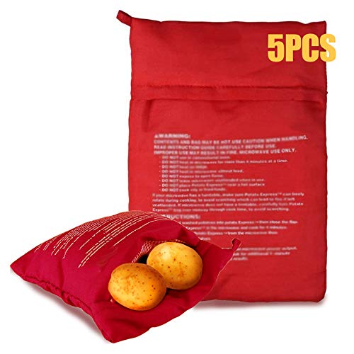 N\O 5 Piezas Bolsa para Patatas en Micro Ondas, Patatas Microondas Bolsa, cocer Patatas en microondas Tortillas, Bolsa de Cocina Patatas Sólo en 4 Minutos(24x19cm, Rojo)