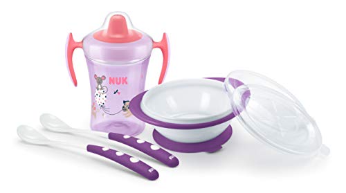NUK - Juego de vajilla infantil con vaso para aprender a beber | cuenco para comer con 2 tapas y cucharas de alimentación para bebé (x2), 6 meses | color rosa