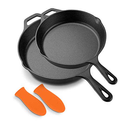 NutriChef 10" & 12" Kitchen Frying Nonstick Cookware Set w/Drip Spout Pre-Seasoned Cast Iron Skillet Pans, Silicone Handles, for Electric Stovetop, Induction, Gas Range, Ceramic NCCI2PCS
