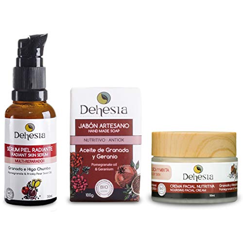 Pack CUIDADO FACIAL NATURAL: Crema Facial Nutritiva + Sérum Facial Piel Radiante Multi-Reparador + Jabón Artesano Antioxidante. Dehesia Econatural